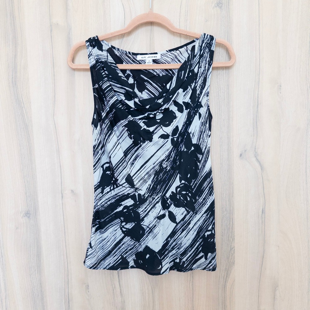 St. John Womens Silk Blouse P Black White Cowl Neck Abstract Floral Designer